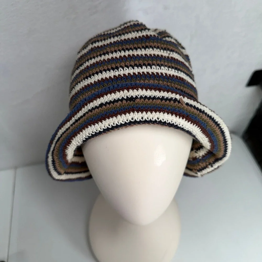 Vintage 90s Bucket Hat Crochet Knit Striped Boho Festival Knit Multicolor Retro